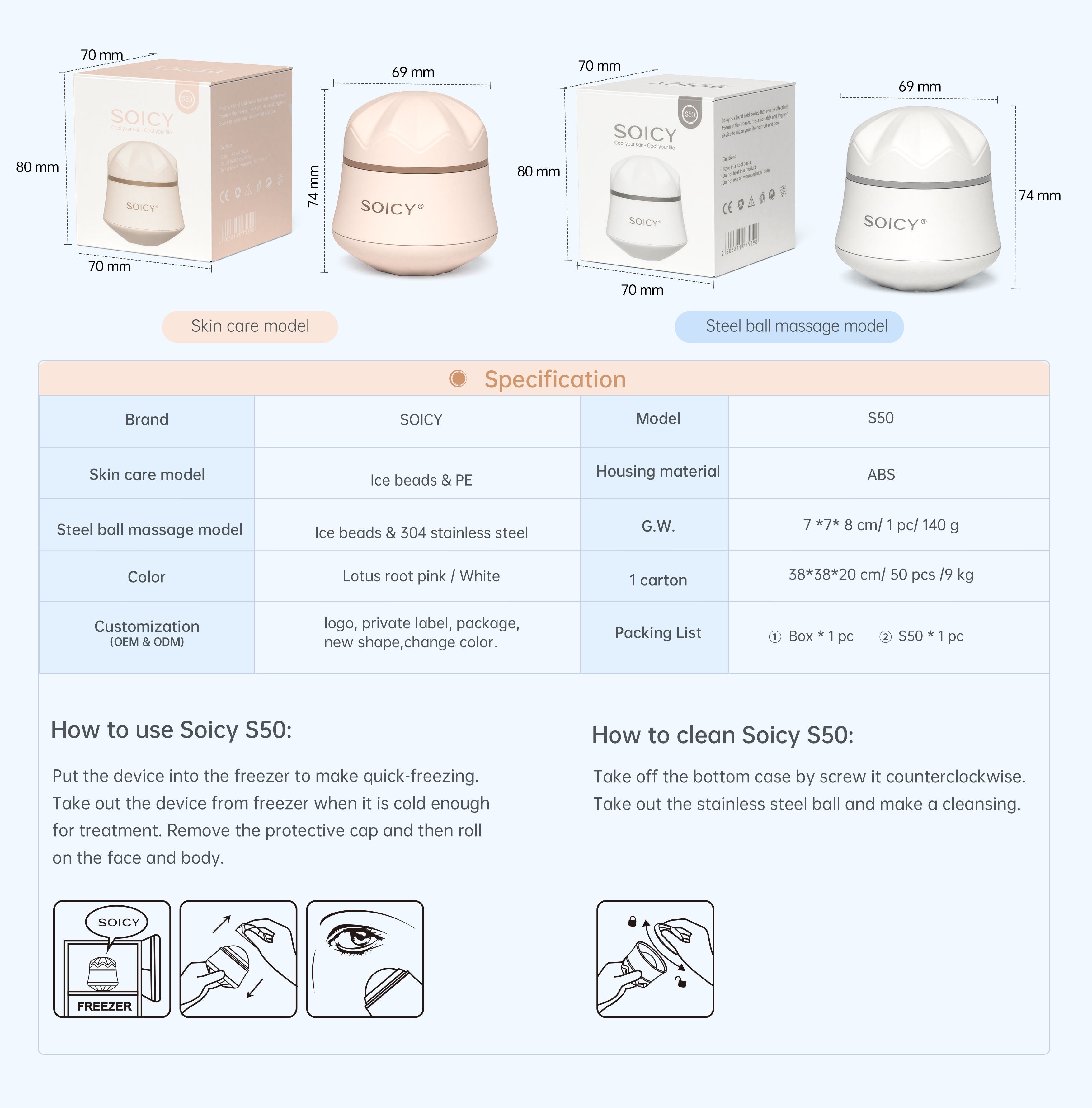 Massage Face Roller SOICY S50 Facial Cooling Massage Ice Roller Ball 360° Rotating Massage Face Roller Tighten Skin Care Tools