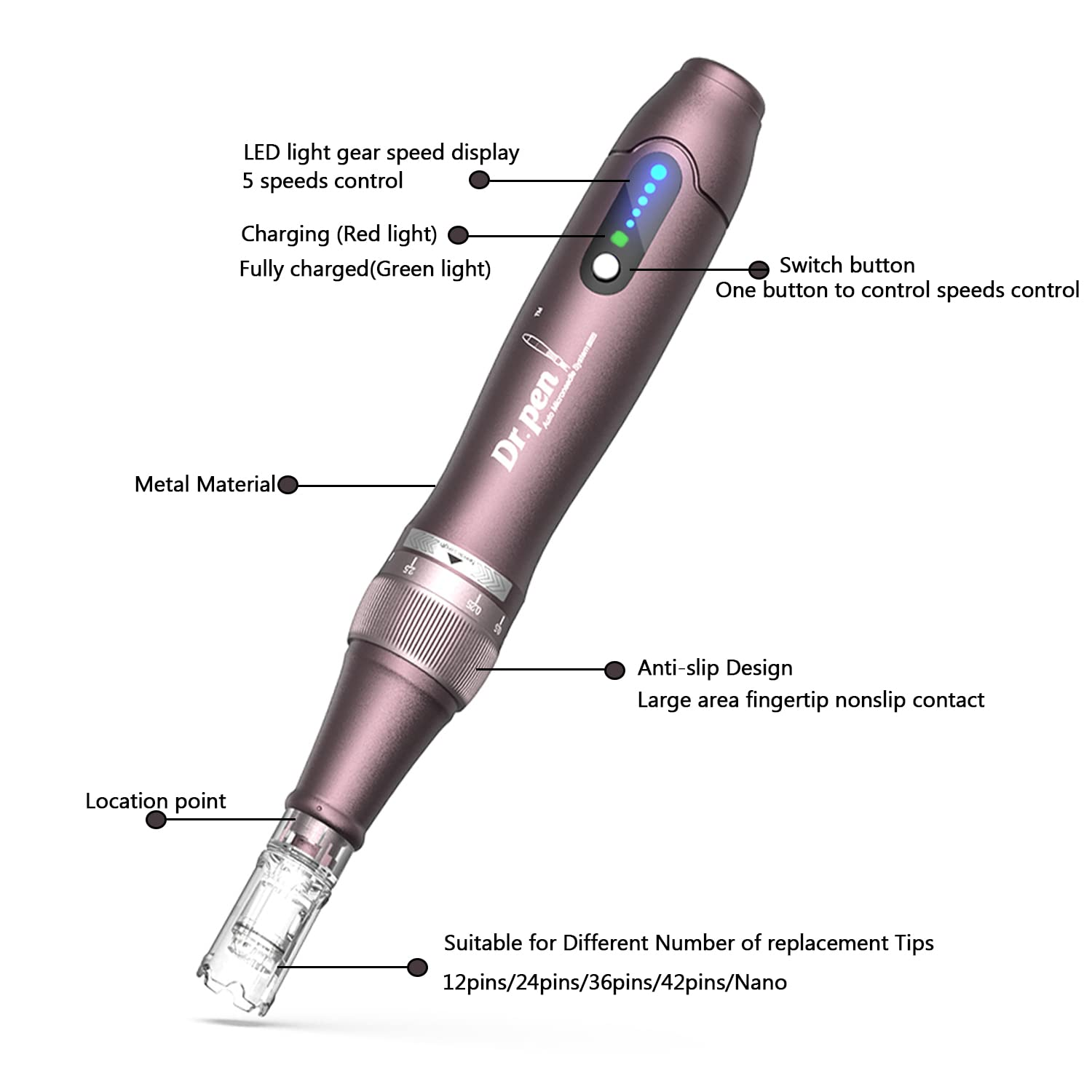 Dr.Pen A10 Wireless Microneedling Pen with 10 Replacement Cartridges Adjustable Micro Needling Derma Pen