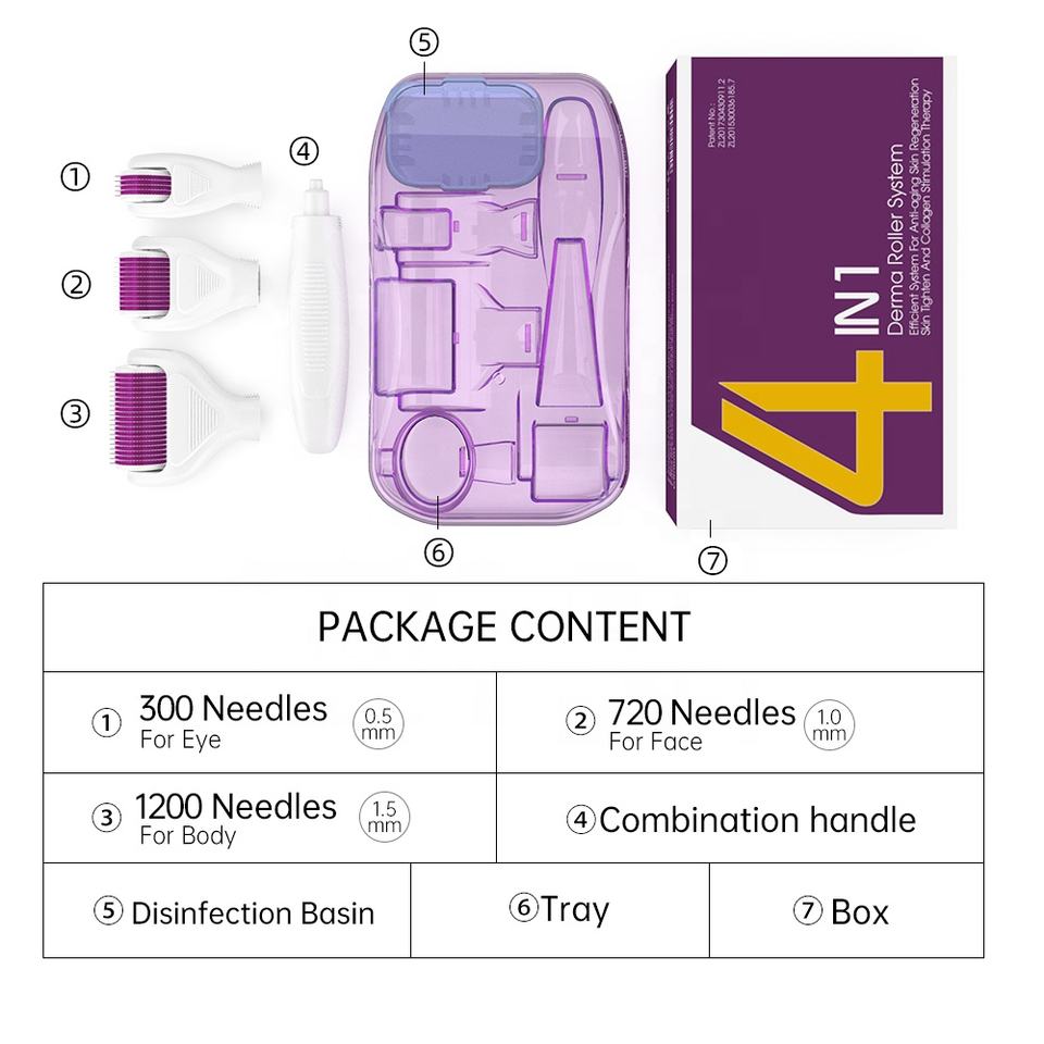 4 in 1 Titanium Needles Derma Roller for Face Body Massager & Hair Loss Treatment